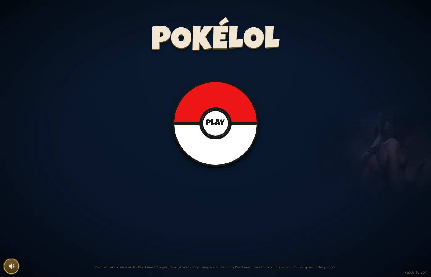 The PokéLoL title screen with its Pokéball PLAY button