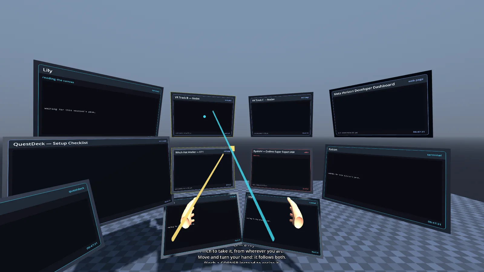 Ten panels, one per canvas tile, with a pointer ray from each hand