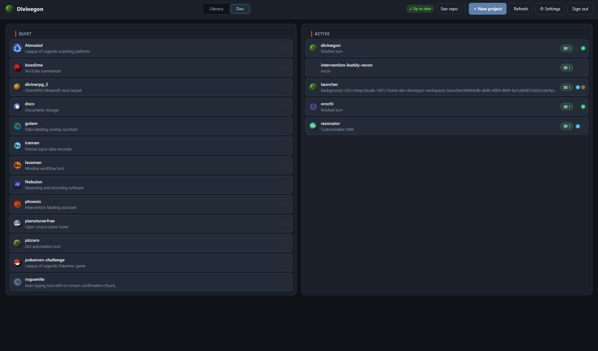 Dev dashboard with active sessions and Claude status lights
