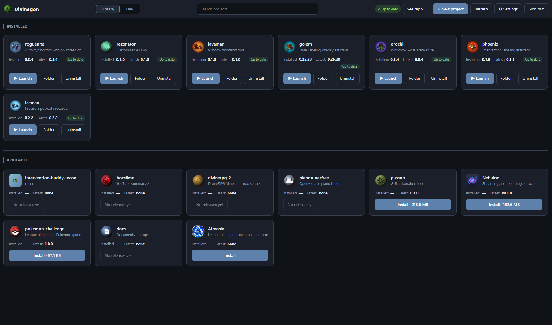 Launcher project library with installed and available releases