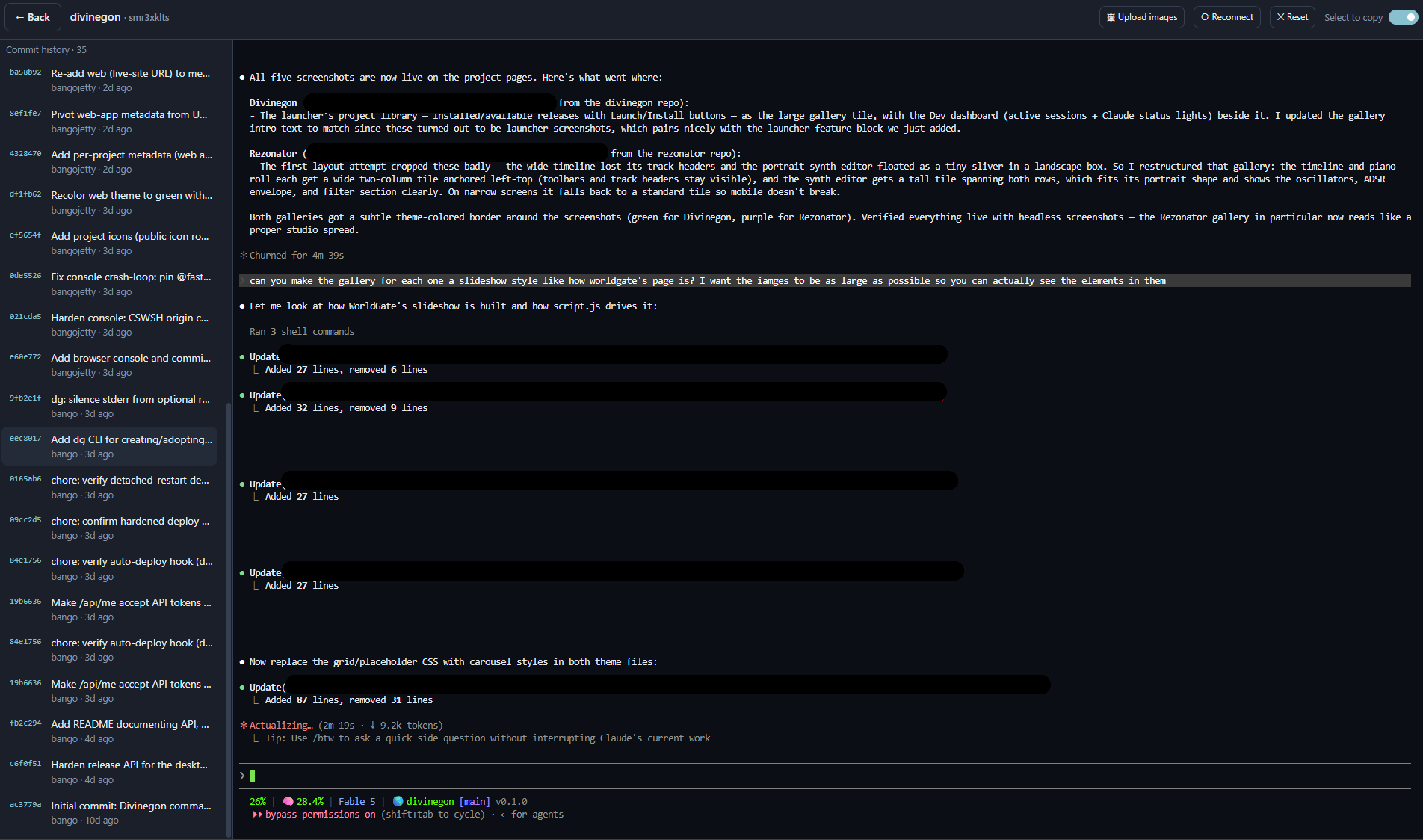 Console with a live Claude Code session beside the project's commit history